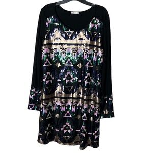 Mon Ami Sequin Black Longsleeve Shift Event Mini Dress. Eras Tour Sz Large